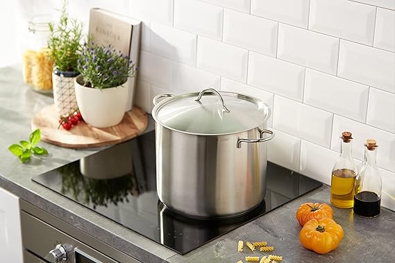WMF Gemüse- Suppentopf Induktion 28cm, Metalldeckel mit Dampföffnung, Kochtopf groß 14l, Cromargan Edelstahl mattiert, großer Topf unbeschichtet, backofengeeignet