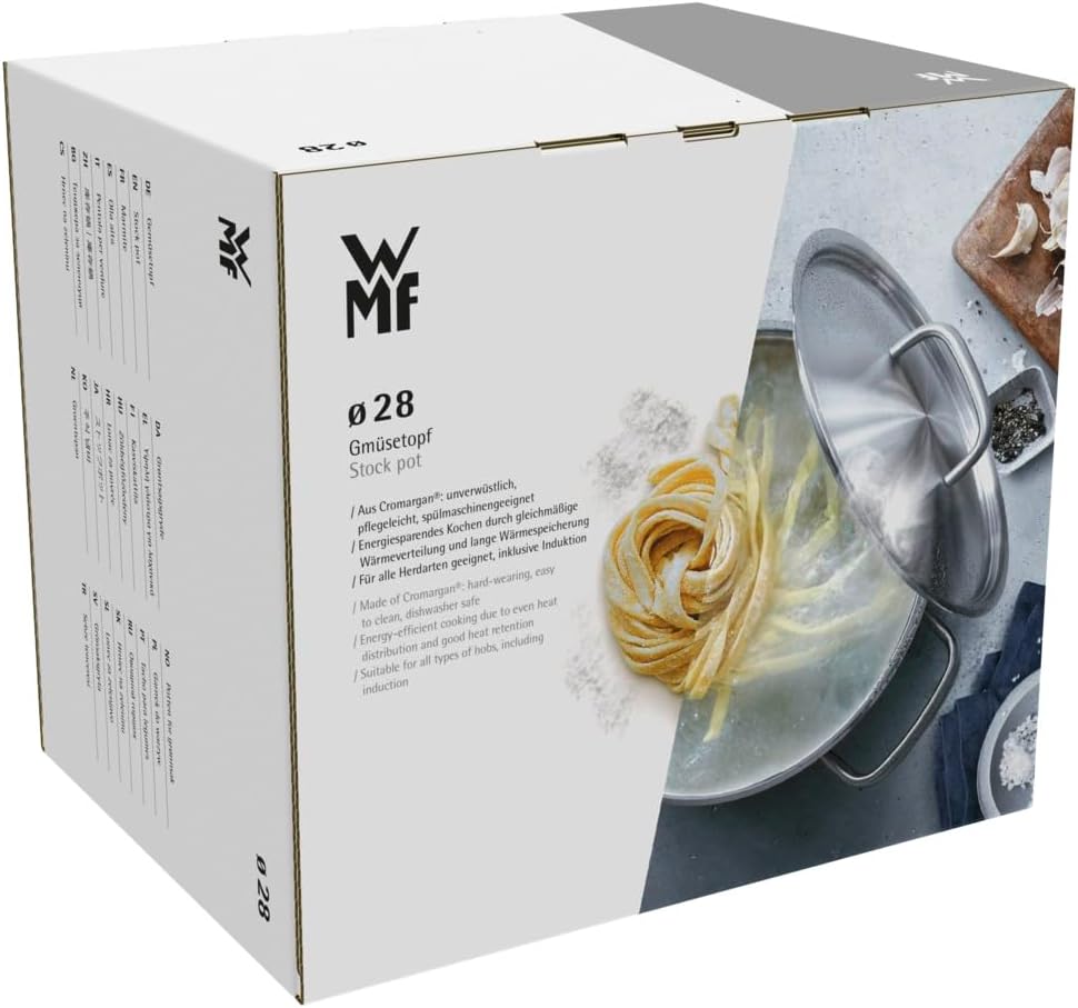 WMF Gemüse- Suppentopf Induktion 28cm, Metalldeckel mit Dampföffnung, Kochtopf groß 14l, Cromargan Edelstahl mattiert, großer Topf unbeschichtet, backofengeeignet