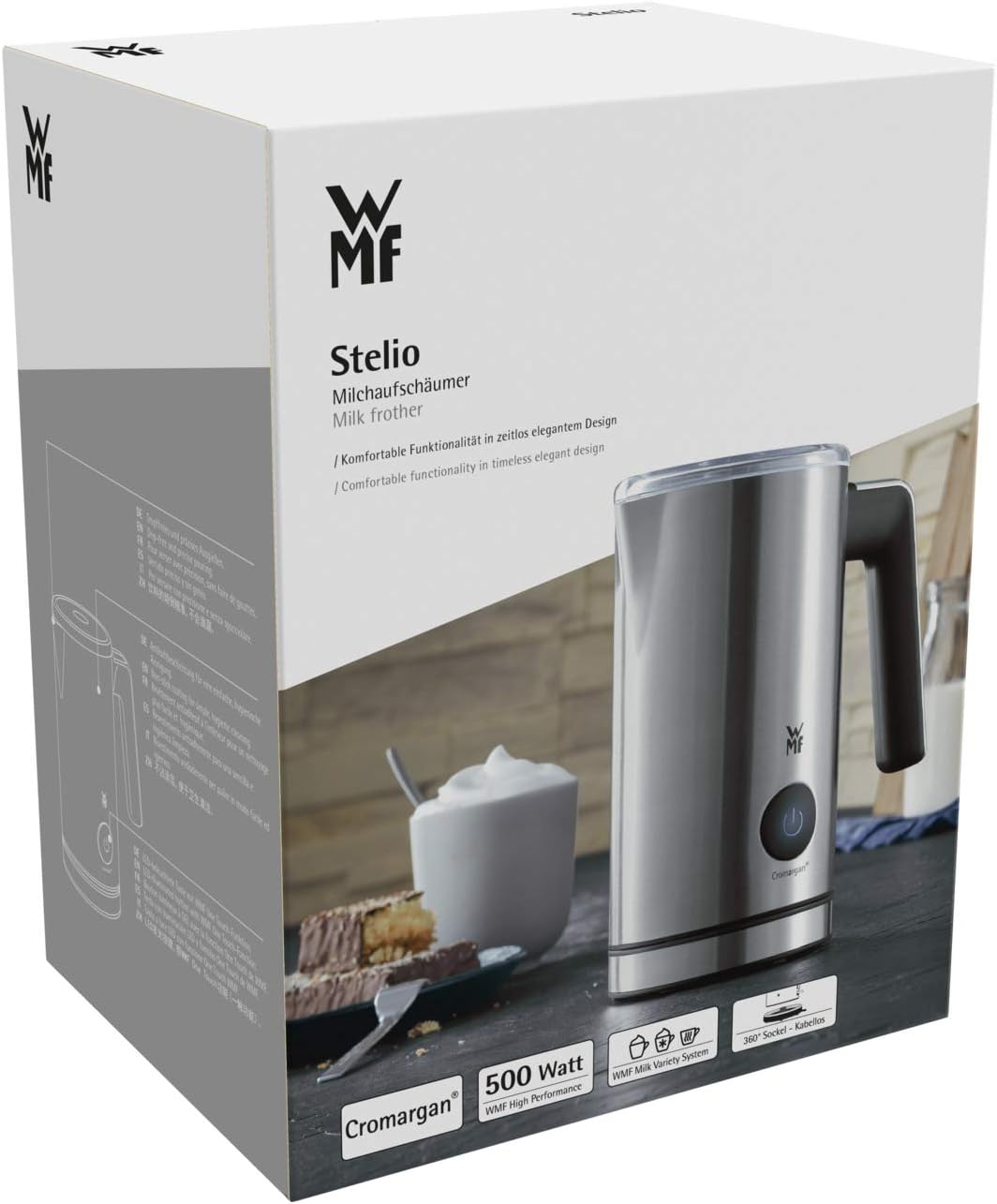 WMF Stelio Milchaufschäumer elektrisch (500 Watt, 150-250 ml, Antihaftbeschichtung, kabellos, für Milchschaum heiss und kalt, heiße Schokolade) cromargan matt/silber